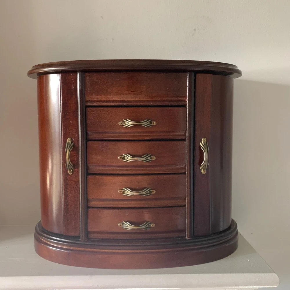 Vintage‎ Wooden Jewelry Box Armoire Chest 4 Drawers Necklace Hooks Cherry Finish